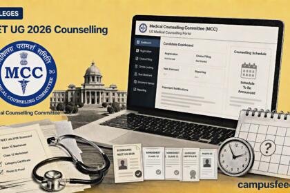 NEET UG 2026 Counselling portal with MCC identity, registration checklist, medical college silhouettes and an unresolved schedule calendar