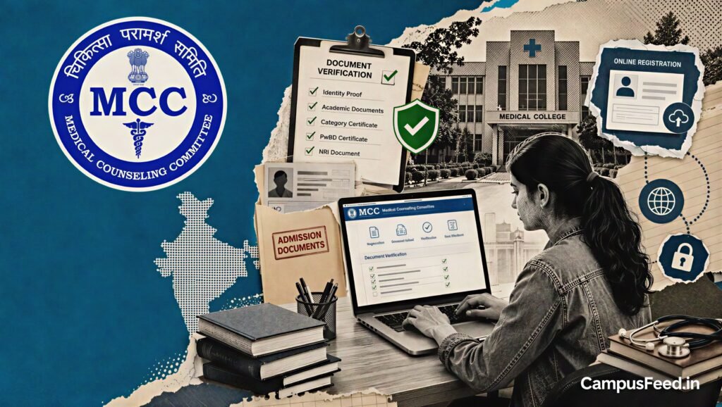 NEET UG Counselling 2026 portal-based counselling interface with the Medical Counselling Committee logo highlighting one-time reporting and online verification
