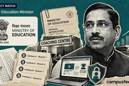 Pralhad Joshi as India’s new Education Minister alongside education policy files, edtech symbols and the Ministry of Education emblem