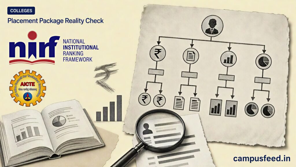 NIRF and AICTE placement data beside a halftone salary decision chart for a Placement Package Reality Check in 2026