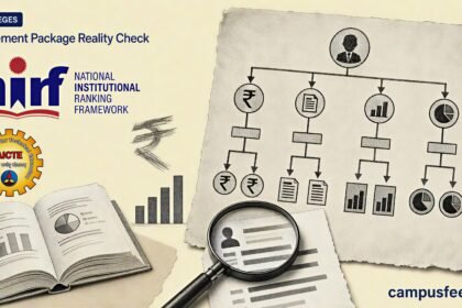 NIRF and AICTE placement data beside a halftone salary decision chart for a Placement Package Reality Check in 2026
