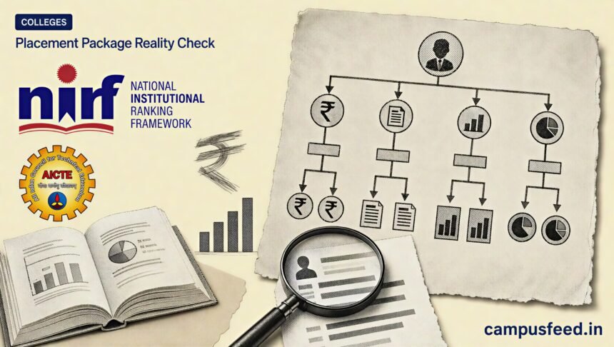 NIRF and AICTE placement data beside a halftone salary decision chart for a Placement Package Reality Check in 2026