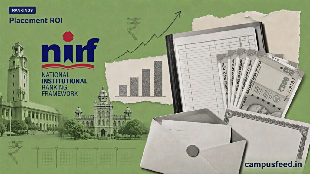 Placement ROI comparison using NIRF salary data, engineering college fee records, Indian rupee notes and campus silhouettes
