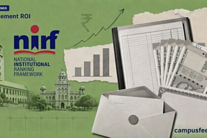 Placement ROI comparison using NIRF salary data, engineering college fee records, Indian rupee notes and campus silhouettes