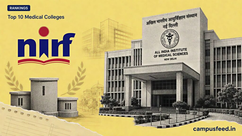 Top 10 Medical Colleges in NIRF Ranking 2025 shown with AIIMS Delhi facade, NIRF emblem and ranking podium collage