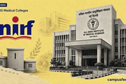 Top 10 Medical Colleges in NIRF Ranking 2025 shown with AIIMS Delhi facade, NIRF emblem and ranking podium collage