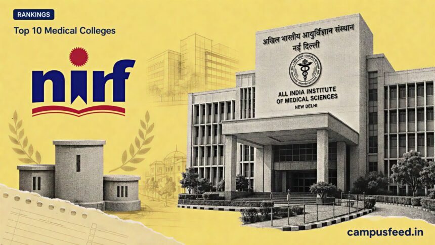Top 10 Medical Colleges in NIRF Ranking 2025 shown with AIIMS Delhi facade, NIRF emblem and ranking podium collage
