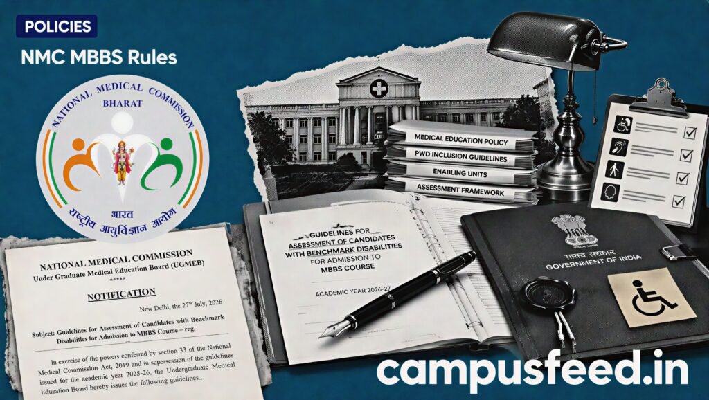 NMC MBBS Rules illustration showing functional competency assessment for PwBD candidates with the National Medical Commission emblem, medical college support desk, and disability inclusion concept for 2026-27