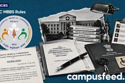 NMC MBBS Rules illustration showing functional competency assessment for PwBD candidates with the National Medical Commission emblem, medical college support desk, and disability inclusion concept for 2026-27