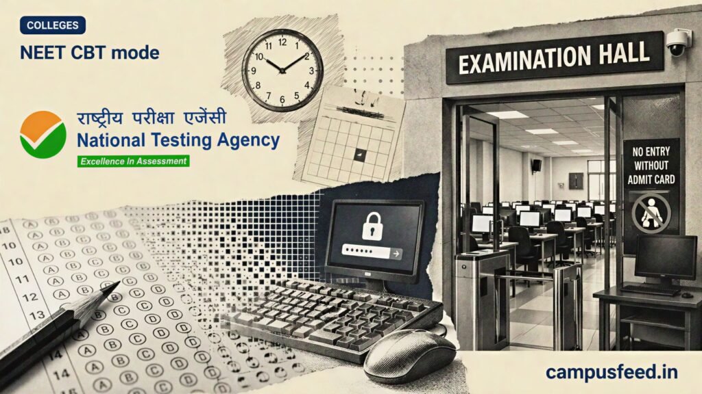 NTA examination centre with computer terminals illustrates the NEET CBT mode transition planned for the 2027 undergraduate medical entrance cycle