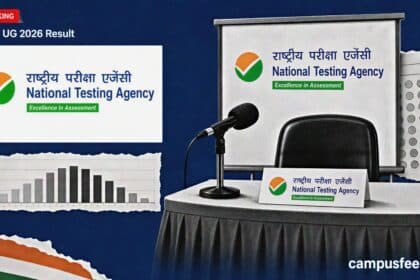 NTA result-day press conference podium with an empty chair, microphone and official emblem illustrating the NEET UG 2026 Result announcement