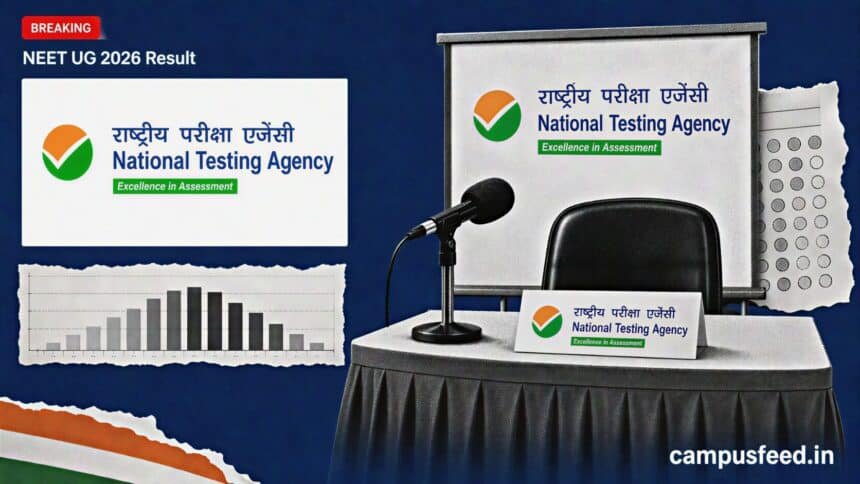 NTA result-day press conference podium with an empty chair, microphone and official emblem illustrating the NEET UG 2026 Result announcement