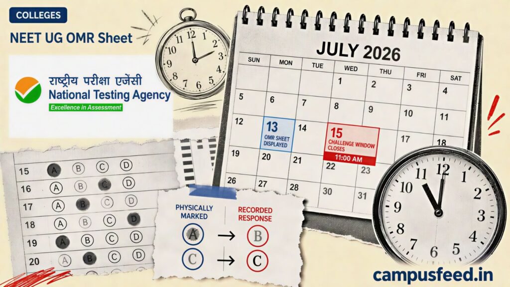 NTA NEET UG OMR Sheet calendar with July challenge dates, marked response grid, official emblem and exam clock for the 2026 re-examination