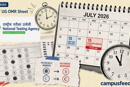 NTA NEET UG OMR Sheet calendar with July challenge dates, marked response grid, official emblem and exam clock for the 2026 re-examination