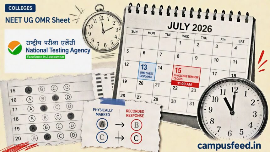 NTA NEET UG OMR Sheet calendar with July challenge dates, marked response grid, official emblem and exam clock for the 2026 re-examination