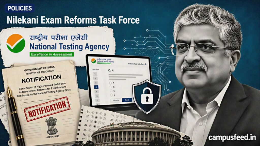 NTA Nilekani Exam Reforms Task Force explainer showing official NTA branding, a secure digital examination concept, policy documents, and technology-led exam reforms in India 2026