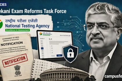 NTA Nilekani Exam Reforms Task Force explainer showing official NTA branding, a secure digital examination concept, policy documents, and technology-led exam reforms in India 2026