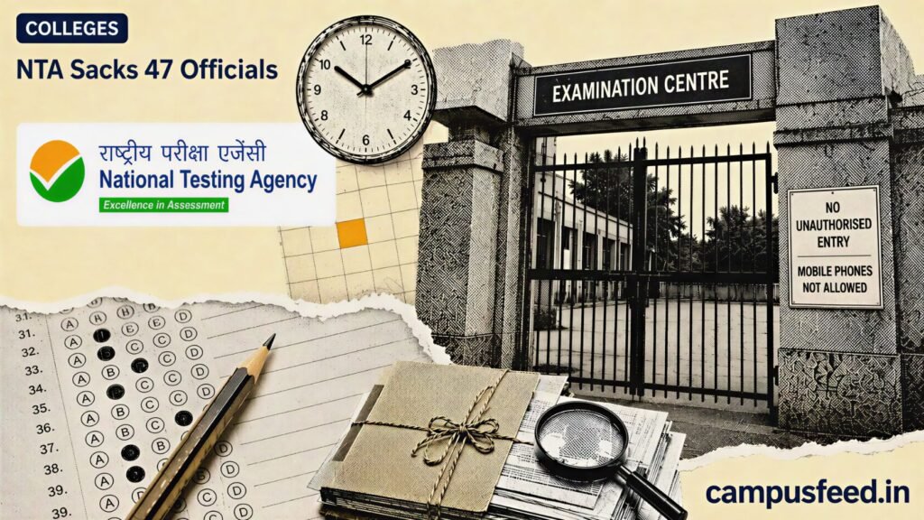NTA sacks 47 officials as a halftone examination centre gate, NTA emblem and NEET answer-sheet fragments frame the 2026 paper leak crackdown