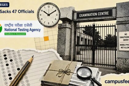 NTA sacks 47 officials as a halftone examination centre gate, NTA emblem and NEET answer-sheet fragments frame the 2026 paper leak crackdown