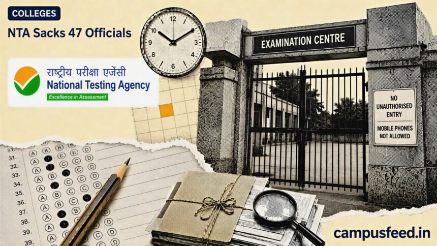 NTA sacks 47 officials as a halftone examination centre gate, NTA emblem and NEET answer-sheet fragments frame the 2026 paper leak crackdown