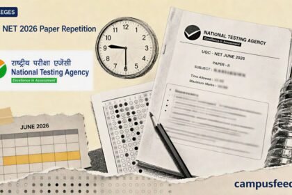 NTA exam-paper collage for UGC NET 2026 Paper Repetition claims, with question booklet, clock and official emblem