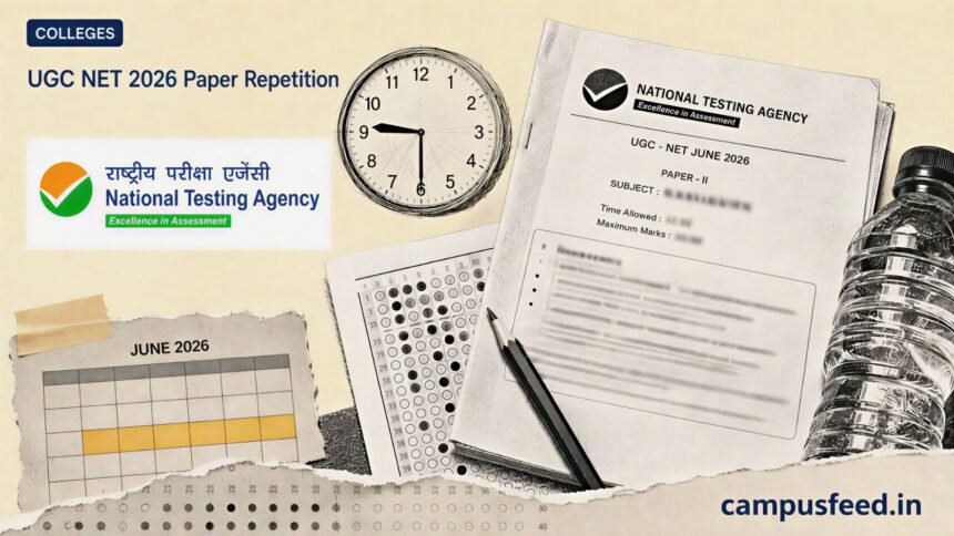 NTA exam-paper collage for UGC NET 2026 Paper Repetition claims, with question booklet, clock and official emblem