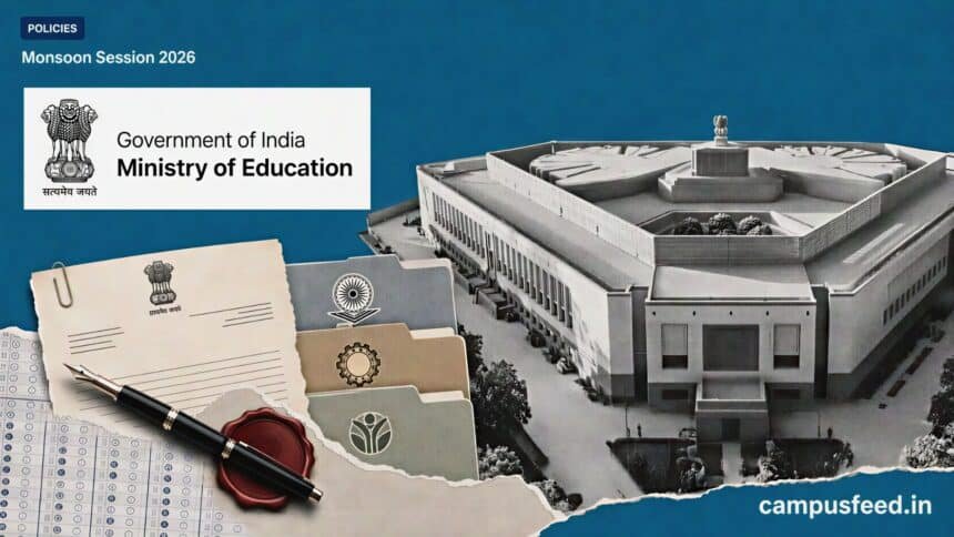 Parliament House halftone collage with Ministry of Education emblem for Monsoon Session 2026, the higher education regulator Bill and NEET debate
