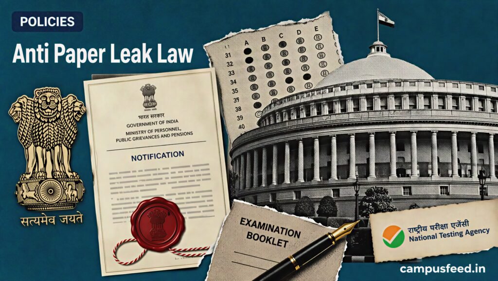 Anti Paper Leak Law amendment scene with the Parliament, Government of India emblem, examination answer sheet and NTA exam elements representing stricter penalties for organised exam fraud in 2026