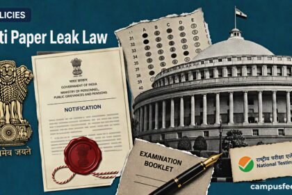 Anti Paper Leak Law amendment scene with the Parliament, Government of India emblem, examination answer sheet and NTA exam elements representing stricter penalties for organised exam fraud in 2026