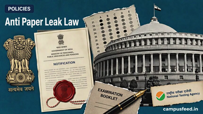 Anti Paper Leak Law amendment scene with the Parliament, Government of India emblem, examination answer sheet and NTA exam elements representing stricter penalties for organised exam fraud in 2026