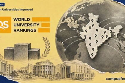 Indian Universities Improved visual shown through a halftone globe, QS emblem and pinned Indian campuses for the 2026 world rankings