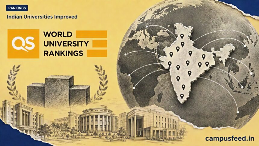 Indian Universities Improved visual shown through a halftone globe, QS emblem and pinned Indian campuses for the 2026 world rankings