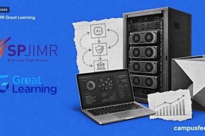 SPJIMR Great Learning AI executive programme launch shown through halftone GPU servers, official partner logos, and an executive education course brochure