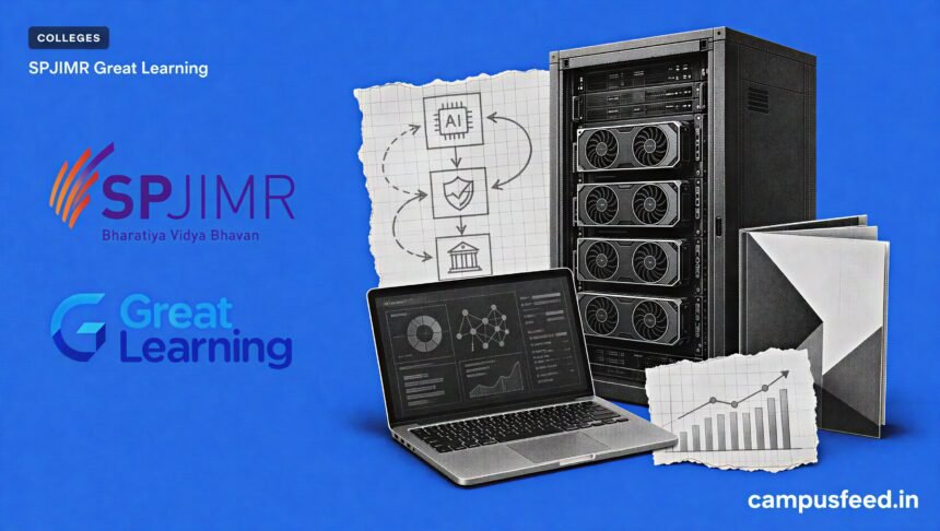 SPJIMR Great Learning AI executive programme launch shown through halftone GPU servers, official partner logos, and an executive education course brochure
