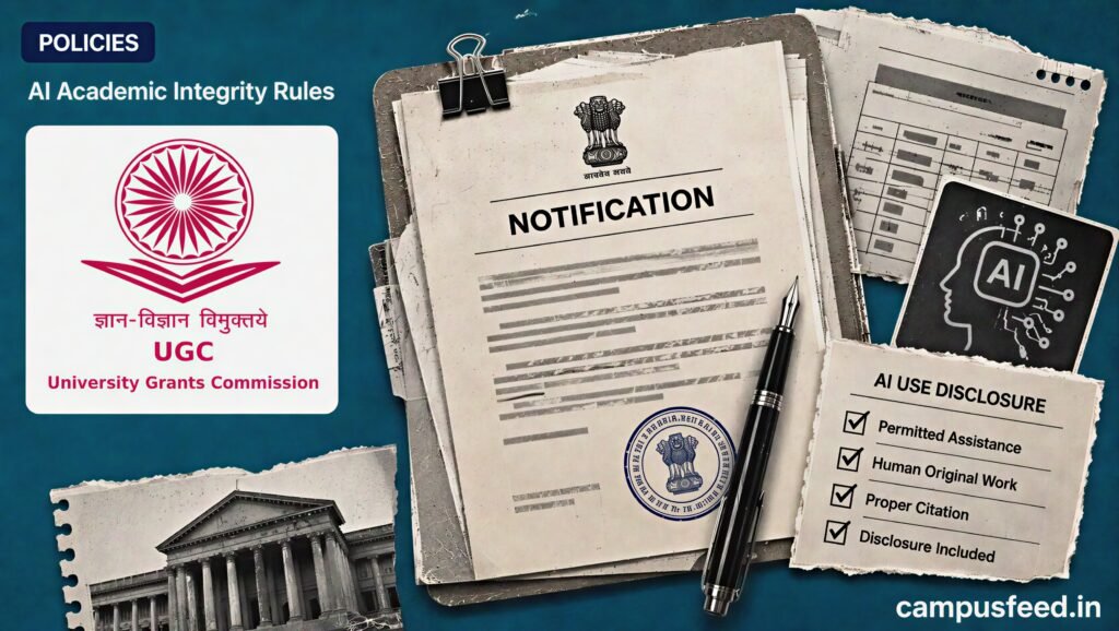 AI academic integrity rules visual with UGC emblem, official policy document, university assignment pages and AI disclosure checklist