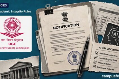 AI academic integrity rules visual with UGC emblem, official policy document, university assignment pages and AI disclosure checklist