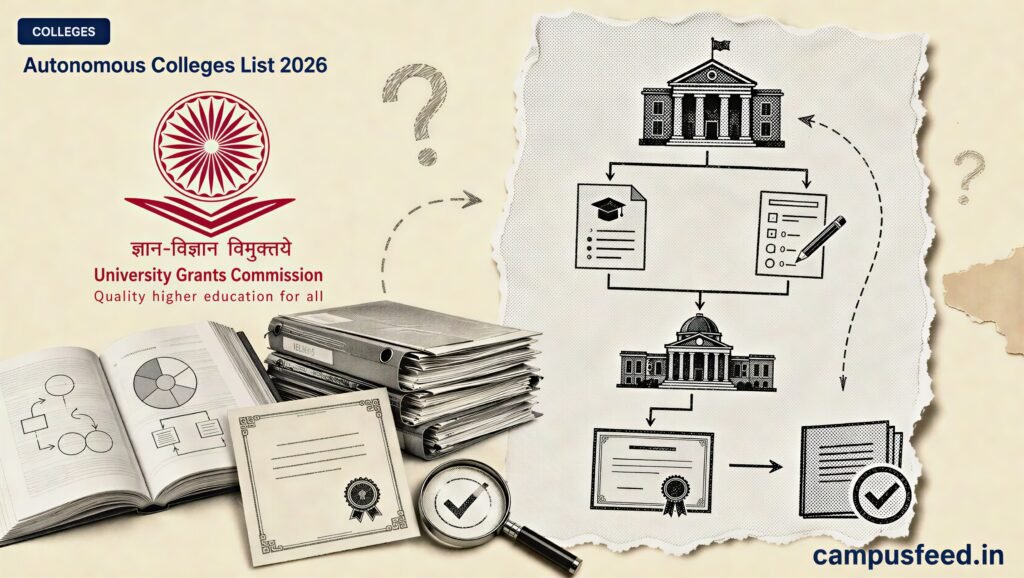 Autonomous Colleges List 2026 shown through a UGC verification flowchart, college files and a parent-university degree pathway