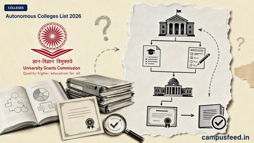Autonomous Colleges List 2026 shown through a UGC verification flowchart, college files and a parent-university degree pathway