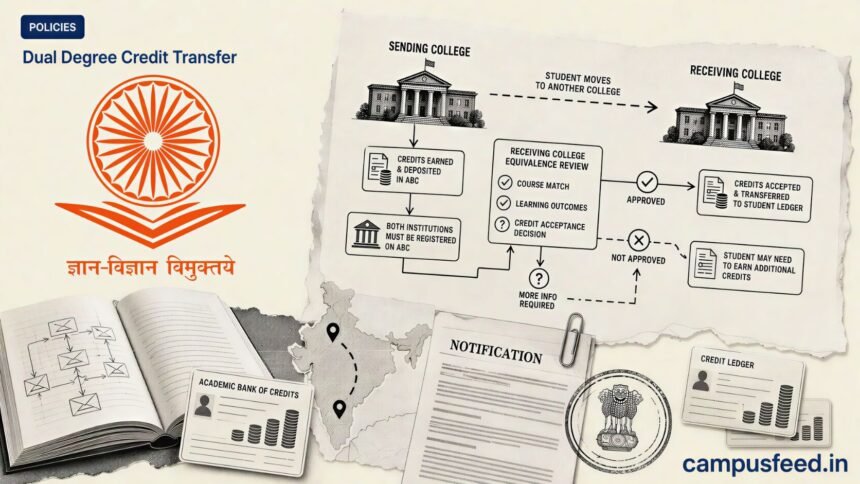 UGC Dual Degree Credit Transfer explainer with Academic Bank of Credits emblem, policy files and cross-state credit pathway