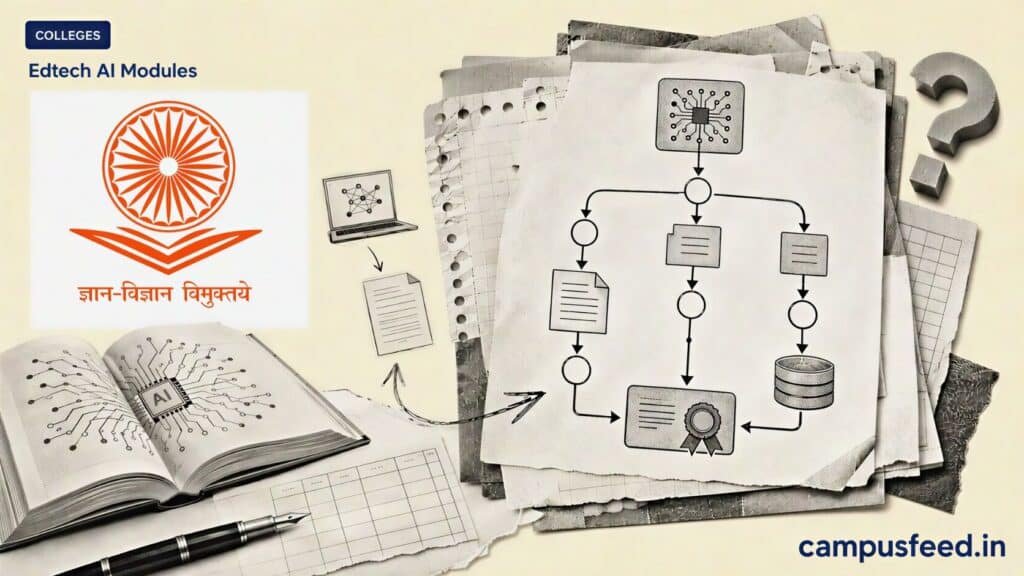 UGC explainer on Edtech AI Modules shows a curriculum flowchart linking online AI coursework, college assessment and degree credits in 2026-27