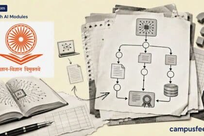 UGC explainer on Edtech AI Modules shows a curriculum flowchart linking online AI coursework, college assessment and degree credits in 2026-27
