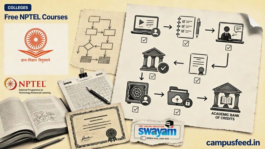 UGC and NPTEL credit-transfer explainer with Free NPTEL Courses flowchart, certification exam paper, SWAYAM symbols and Academic Bank of Credits pathway