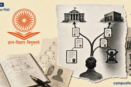 UGC Shadow PhD explainer with regulator emblem, decision-tree papers, and halftone private lab certificate warning for 2026