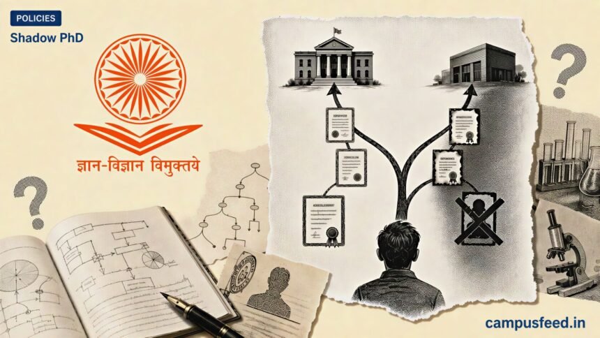 UGC Shadow PhD explainer with regulator emblem, decision-tree papers, and halftone private lab certificate warning for 2026