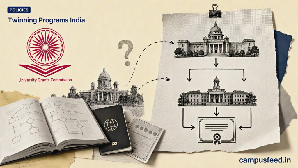 UGC emblem beside an open textbook explaining Twinning Programs India, with credit-transfer arrows linking Indian and foreign university campuses under 2022 rules
