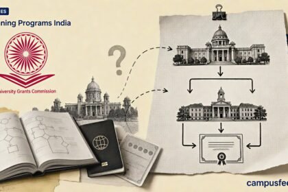 UGC emblem beside an open textbook explaining Twinning Programs India, with credit-transfer arrows linking Indian and foreign university campuses under 2022 rules