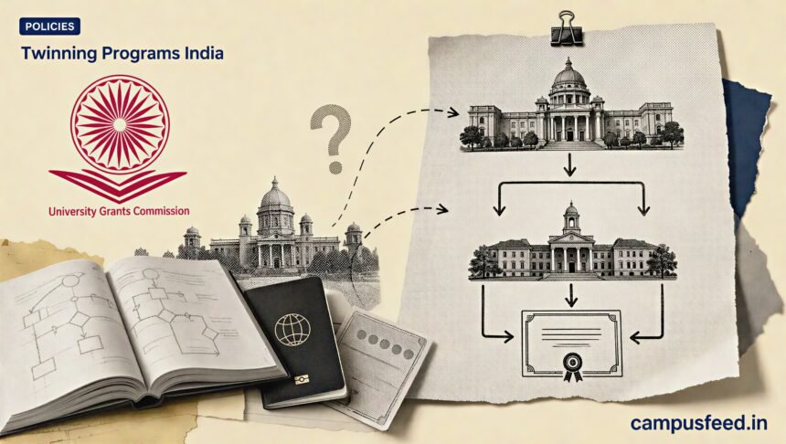 UGC emblem beside an open textbook explaining Twinning Programs India, with credit-transfer arrows linking Indian and foreign university campuses under 2022 rules