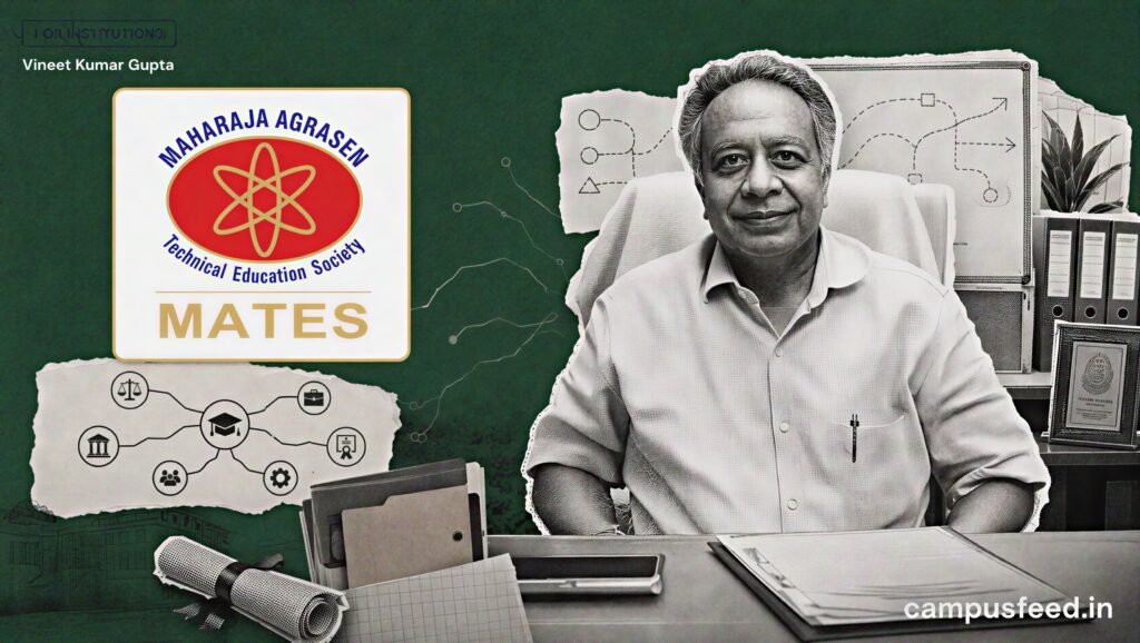 Vineet Kumar Gupta, MATES Chairman, represented through a boardroom strategy scene linking MAIT, MAIMS, ethics, skills and responsible citizenship