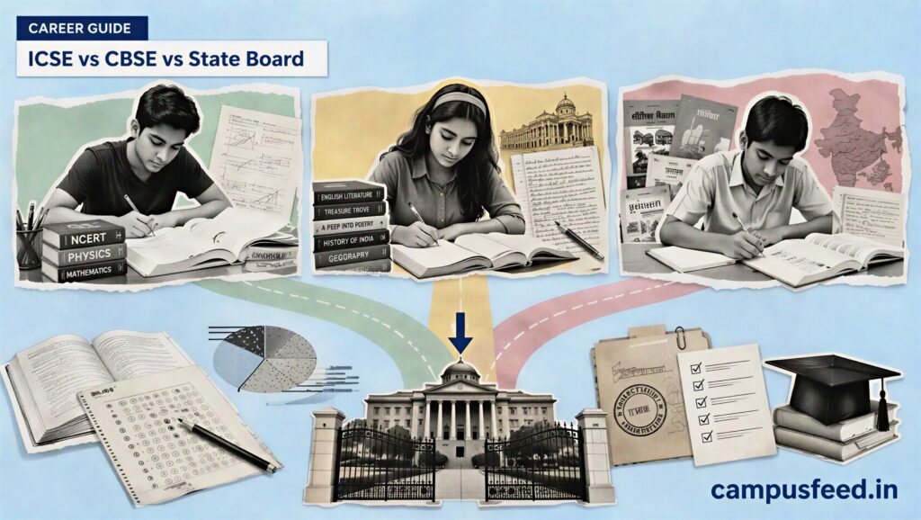 ICSE vs CBSE vs State Board comparison visual with students, textbooks, CUET, JEE and NEET admission pathways