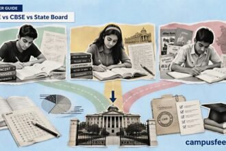 ICSE vs CBSE vs State Board comparison visual with students, textbooks, CUET, JEE and NEET admission pathways
